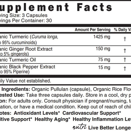 Nutri Organic Turmeric Curcumin 1425mg – 40x More Bioavailable, 95% Curcuminoids, 3rd-Party Tested