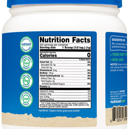 Nutricost Organic Barley Grass Juice Powder (1 lb) - Unflavored, Gluten-Free & Vegan