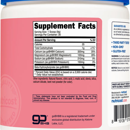 Nutricost BHB Salts Drink Mix – Strawberry Lemonade (30 Servings) | 5g BHB per Serving | 0g Total Sugars | Vegetarian