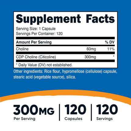 Nutricost CDP Choline (Citicoline) 300mg – 120 Vegetarian Capsules | Non-GMO, Gluten Free