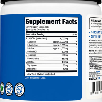 Nutricost EAA Powder 30 Servings (Unflavored) – Essential Amino Acids, Non-GMO, Gluten Free, Vegetarian Friendly