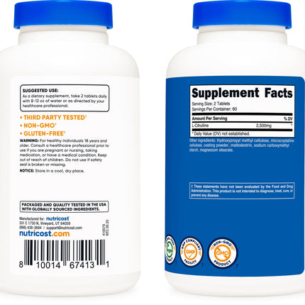 Nutricost L-Citrulline 2500 mg per Serving – 120 Tablets, 2-Pack (Non-GMO & Gluten Free) | GMP & FDA Registered