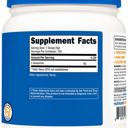 Nutricost L-Glutamine Powder (500g) - Unflavored, Gluten Free & Non-GMO | 100 Servings