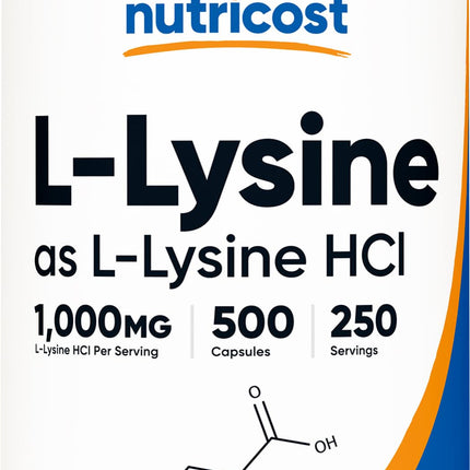 Nutricost L-Lysine 1000mg per Serving – 250 Servings, 500 Capsules – Gluten Free & Non-GMO