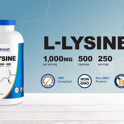 Nutricost L-Lysine 1000mg per Serving – 250 Servings, 500 Capsules – Gluten Free & Non-GMO