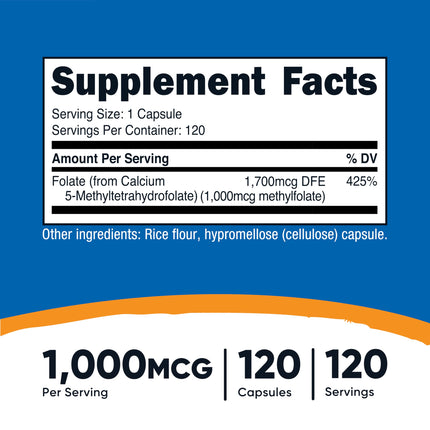 Nutricost Methylfolate 1000mcg – 120 Vegetarian Capsules (Gluten Free, Non-GMO) Pack of 2