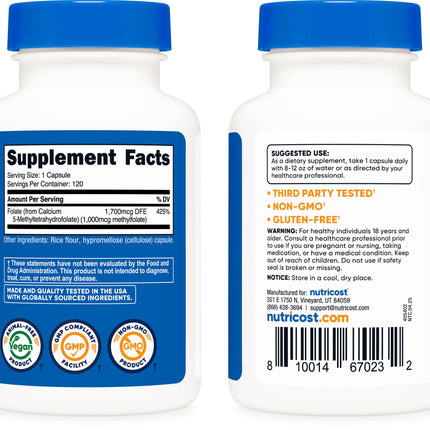 Nutricost Methylfolate 1000mcg – 120 Vegetarian Capsules (Gluten Free, Non-GMO) Pack of 2