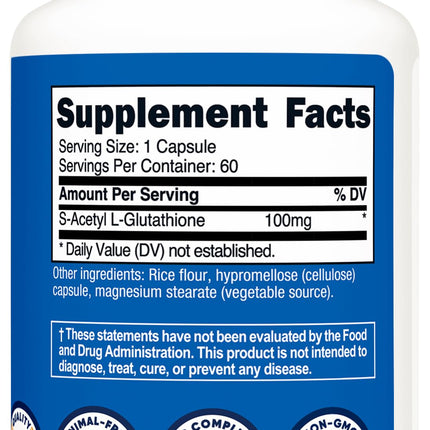 Nutricost S-Acetyl L-Glutathione 100mg - 60 Capsules | GMO-Free, Vegan