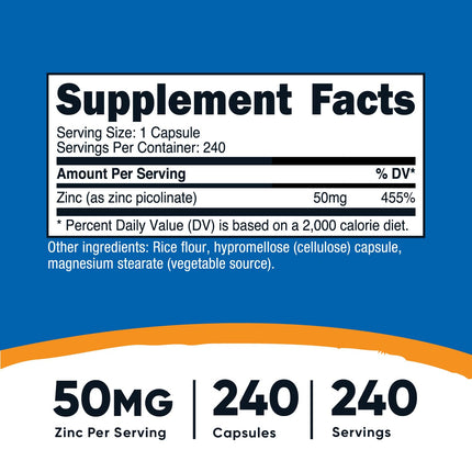Nutricost Zinc Picolinate 50mg – 240 Vegetarian Capsules | Gluten Free & Non-GMO