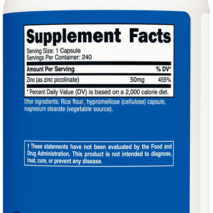 Nutricost Zinc Picolinate 50mg – 240 Vegetarian Capsules | Gluten Free & Non-GMO