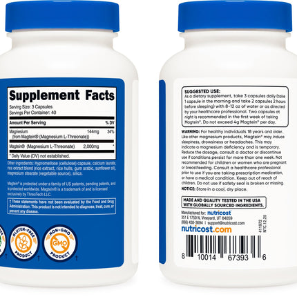 Nutricost Magnesium L-Threonate (Magtein) 2000mg – 120 Capsules – Non-GMO, Gluten Free, Vegetarian Friendly