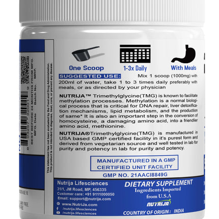 NutriJa TMG (Trimethylglycine) Betaine Anhydrous 500g | USP Pharmaceutical Grade