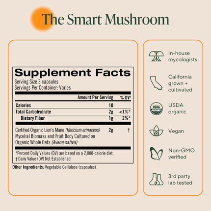 Om Lion's Mane Mushroom Capsules | Organic Mushroom Supplement & Nootropic for Memory and Focus | 180 Count (60 Servings)