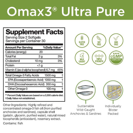 OMAX3 Ultra-Pure Omega-3 1500 mg EPA/DHA – Wild-Caught, Gluten-Free, Non-GMO, 30-Day Supply