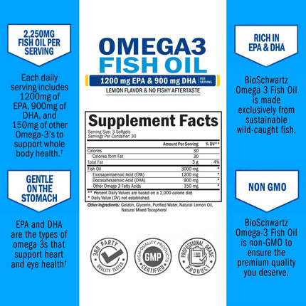 Triple Strength Omega-3 Fish Oil 2250mg EPA/DHA – Icelandic Burpless Lemon, 90 Softgels