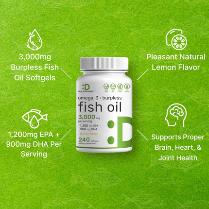 DEAL SUPPLEMENT Omega 3 Fish Oil – 3,000 mg per Serving, 240 Softgels, Burpless Lemon