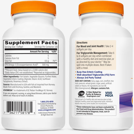 OmegaVia EPA 500 — Purified Omega-3 EPA (Triglyceride), Burpless Fish Oil, IFOS 5★, 120 Softgels