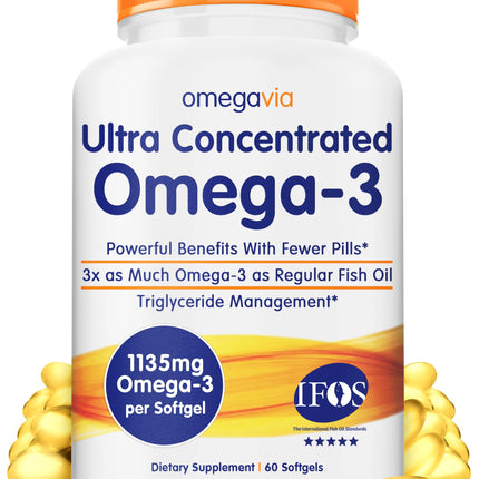 OmegaVia Ultra Concentrated Omega-3 Fish Oil Burpless — 60 Softgels, Triple Strength