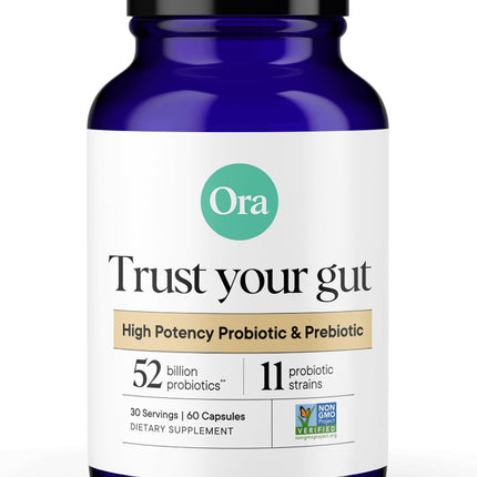 Ora Organic Probiotics with Prebiotics — 52 Billion CFU, 11 Strains, Gluten Free, 60 Capsules