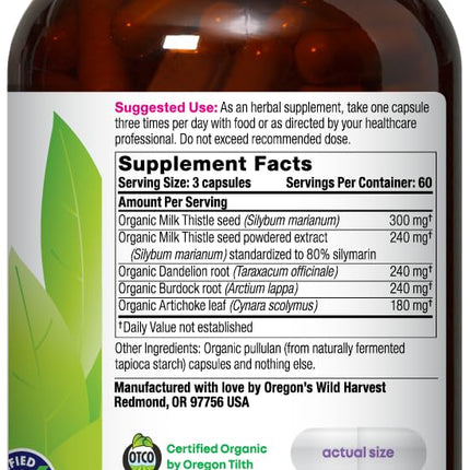 Oregon's Wild Harvest Milk Thistle & Dandelion — Organic Capsules, 180 Count