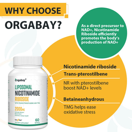Orgabay Liposomal Nicotinamide Riboside 2000 MG – TMG & Pterostilbene, NAD+ Support, 360 Count