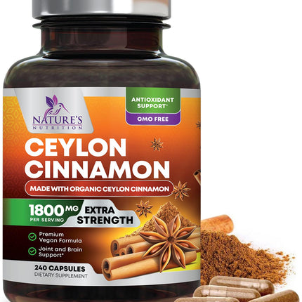 Organic Ceylon Cinnamon 1800mg Supplement – 240 Capsules (USA Bottled)