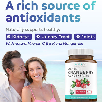 Organic Cranberry Extract Capsules — 50X Potency Cranberry Pills (4 Month Supply) — Vegan, Non-GMO, USDA Organic
