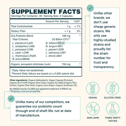 Ora Organic Probiotics with Prebiotics — 52 Billion CFU, 11 Strains, Gluten Free, 60 Capsules