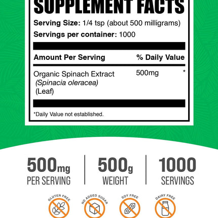BulkSupplements Organic Spinach Extract Powder – Spinach Powder, Gluten Free, 500mg/Serving, 500g (Pack of 1)