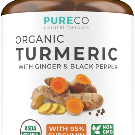 Organic Turmeric Ginger Black Pepper Supplement - High Potency Curcumin, 2 Month Supply