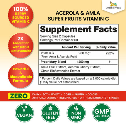 Organic Veda Superfruits Vitamin C Capsule – Acerola & Amla, 120 Vegan Pills