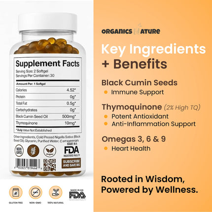 ORGANICS NATURE Black Seed Oil Capsules 1000mg – Vegan Softgels | Thymoquinone 20mg | Omega 3-6-9