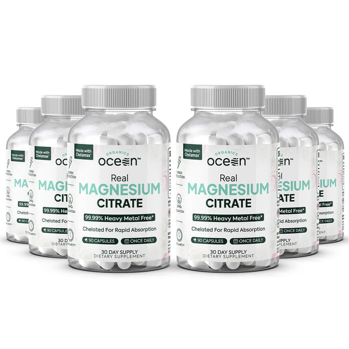 Organics Ocean Real Magnesium Citrate – High-Absorption Chelated Magnesium for Energy, Relaxation, and Regularity – 6 Pack