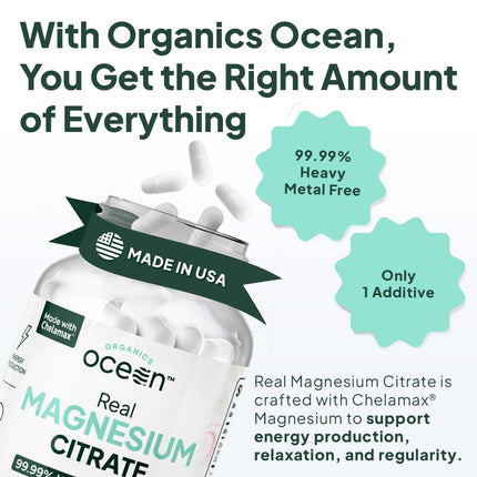 Organics Ocean Real Magnesium Citrate – High-Absorption Chelated Magnesium for Energy, Relaxation, and Regularity – 6 Pack