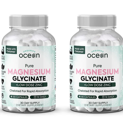 Organics Ocean Magnesium Glycinate with Zinc - Maximum Strength Chelated Magnesium for Sleep & Muscle Cramps - 2 Bottles
