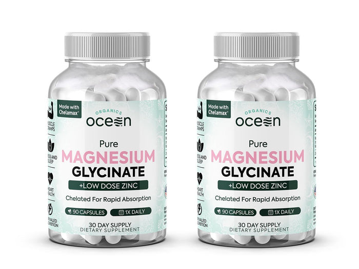 Organics Ocean Magnesium Glycinate with Zinc - Maximum Strength Chelated Magnesium for Sleep & Muscle Cramps - 2 Bottles