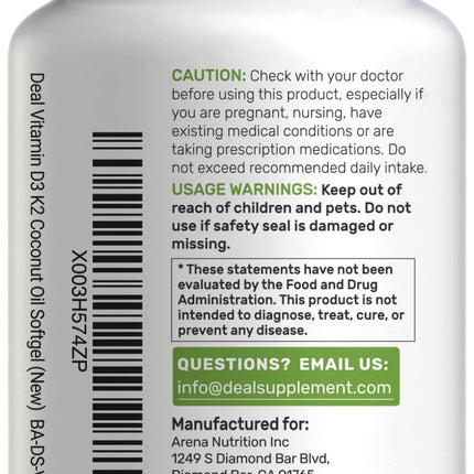 DEAL SUPPLEMENT Vitamin D3 10,000 IU + K2 MK7 200mcg Softgels – 2-in-1 Coconut Oil Carrier, 250 Count