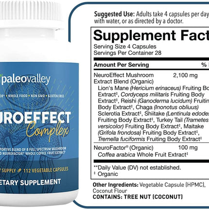 Paleovalley NeuroEffect: Focus, Memory & Energy with 8 Mushroom Extracts | 28-Day Supply