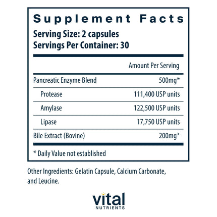 Vital Nutrients Pancreatin & Ox Bile Extract 500mg | Digestive Enzymes 60 Capsules