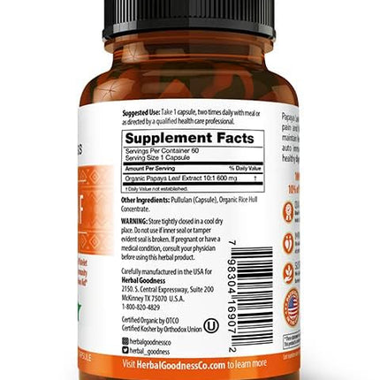 Herbal Goodness Papaya Leaf Extract – 10X Strength, 60/600mg Veg Capsules
