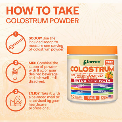 Parrox Colostrum Powder – Orange Flavor, 60 Servings, 40% IgG, Probiotics & Collagen