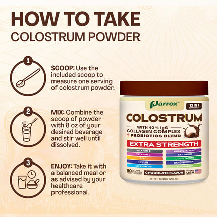 Parrox Colostrum Powder 40% IgG – 60 Servings (Chocolate) | Probiotics, Collagen & Vitamins
