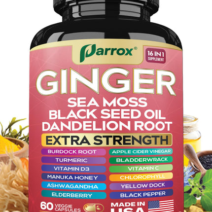 Parrox Ginger 16-in-1: Ginger, Turmeric, Sea Moss, Black Seed Oil – 60 Capsules