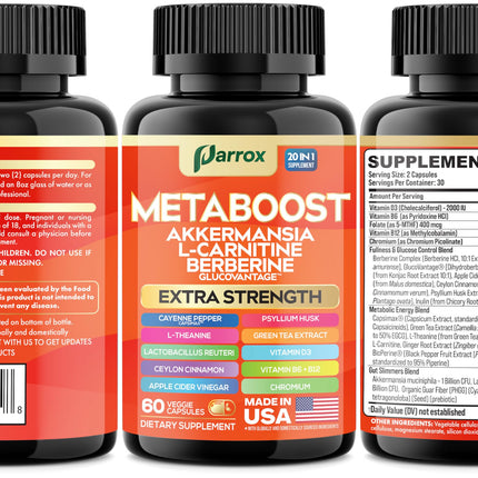 Parrox GLP-1 Booster – 20-in-1 Plant-Based Formula (60 Caps) with Akkermansia & Probiotics