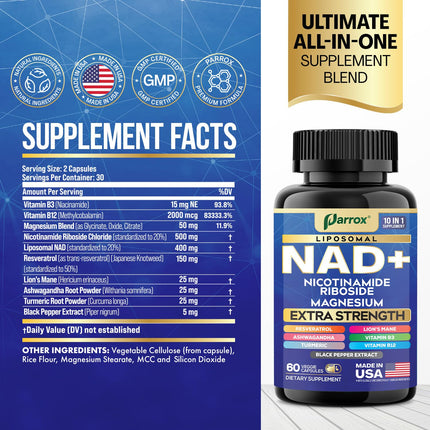 Parrox NAD+ Supplement – Liposomal NAD+, NR, B3 & B12 | 10-in-1
