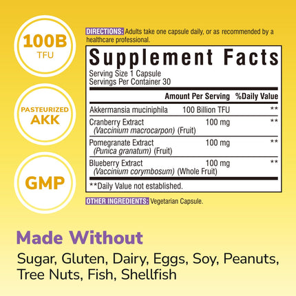 Vitalibre Akkermansia Probiotics 100B TFU - Pasteurized Muciniphila + Cranberry