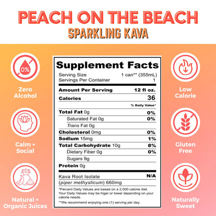 Peach on the Beach Kava Seltzer – Gluten-Free, Vegan, Low-Calorie | 12 oz Cans (4-Pack)