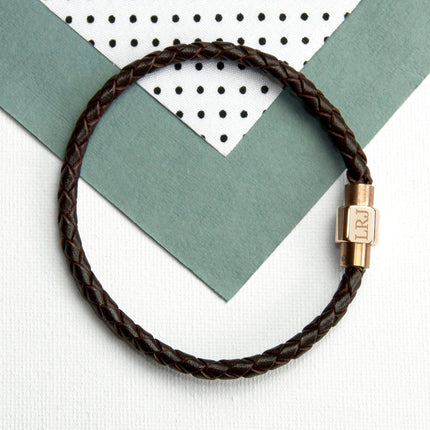 Personalised Men's Woven Leather Bracelet with Rose Gold Clasp