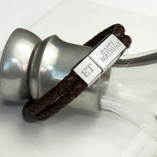 Personalised Men's Dual Leather Woven Bracelet in Umber
