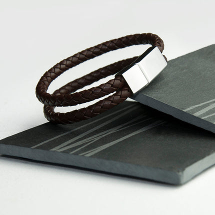 Personalised Men's Dual Leather Woven Bracelet in Umber